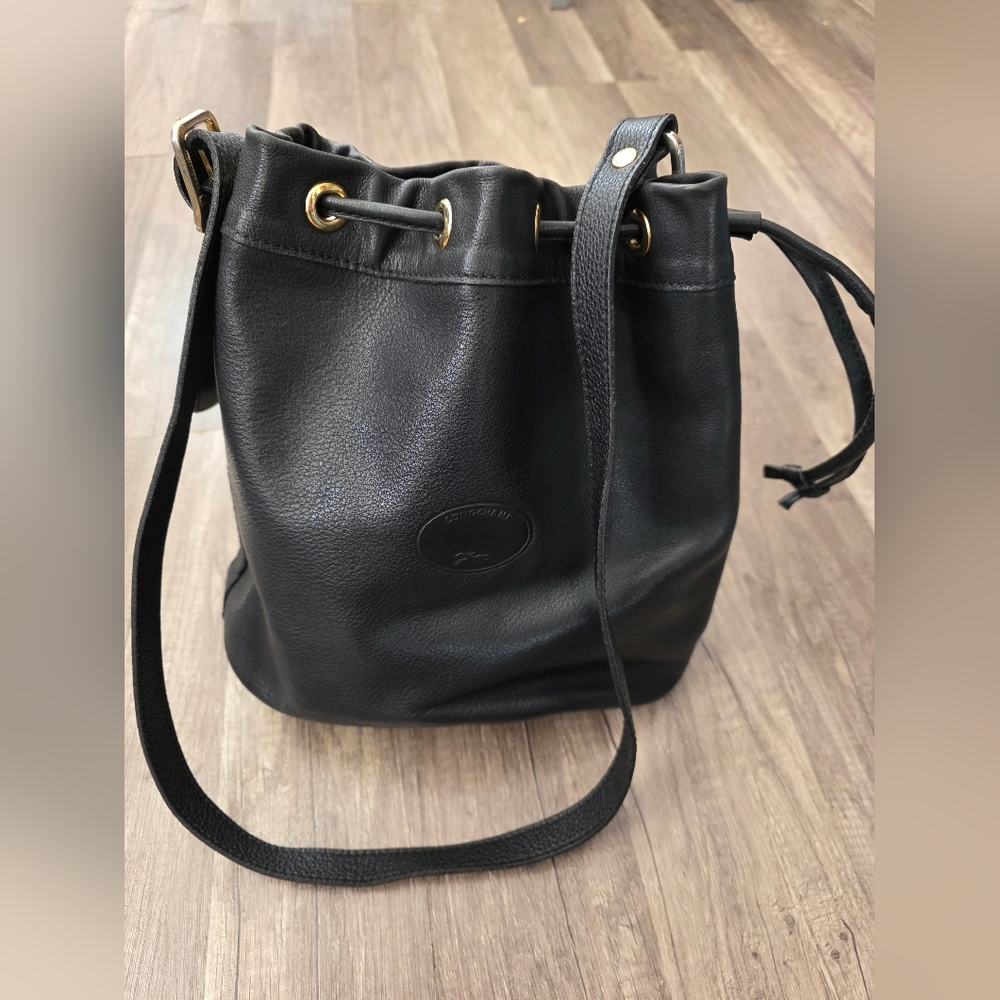LONGCHAMP BUCKET BAG Black Leather Drawstring 2000s Vintage Designer Y2K - Picture 14 of 15